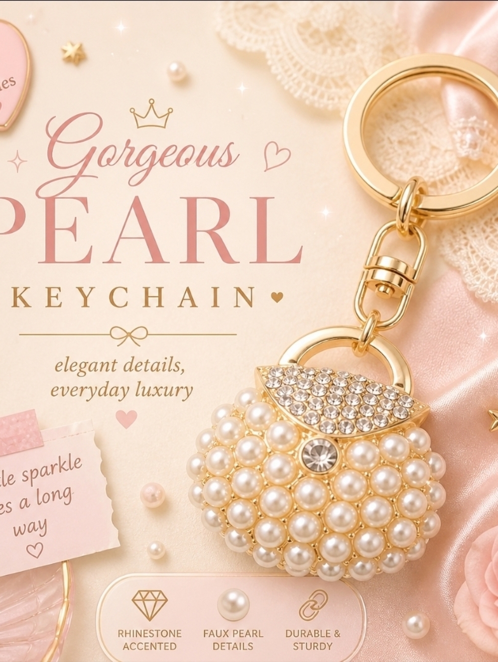 HEAVY DUTY GORGEOUS FAUX PEARL RHINESTONE ACCENTED GOLDEN FASHION KEYCHAIN